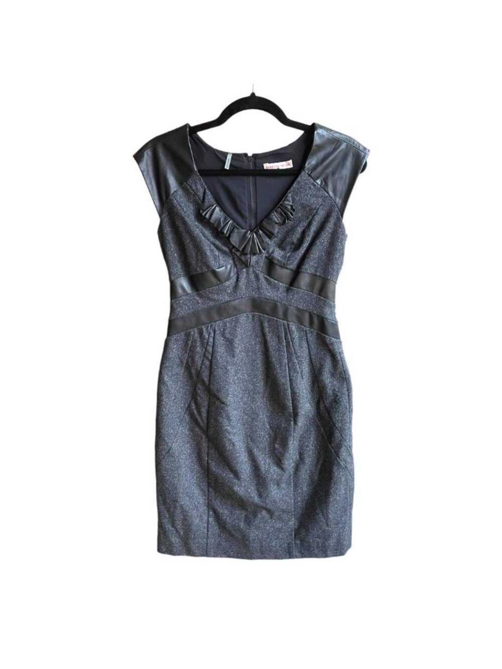 Rebecca Taylor Size 6 Gray Tweed Wool Lamb Leather Trim Sleeveless Sheath Dress